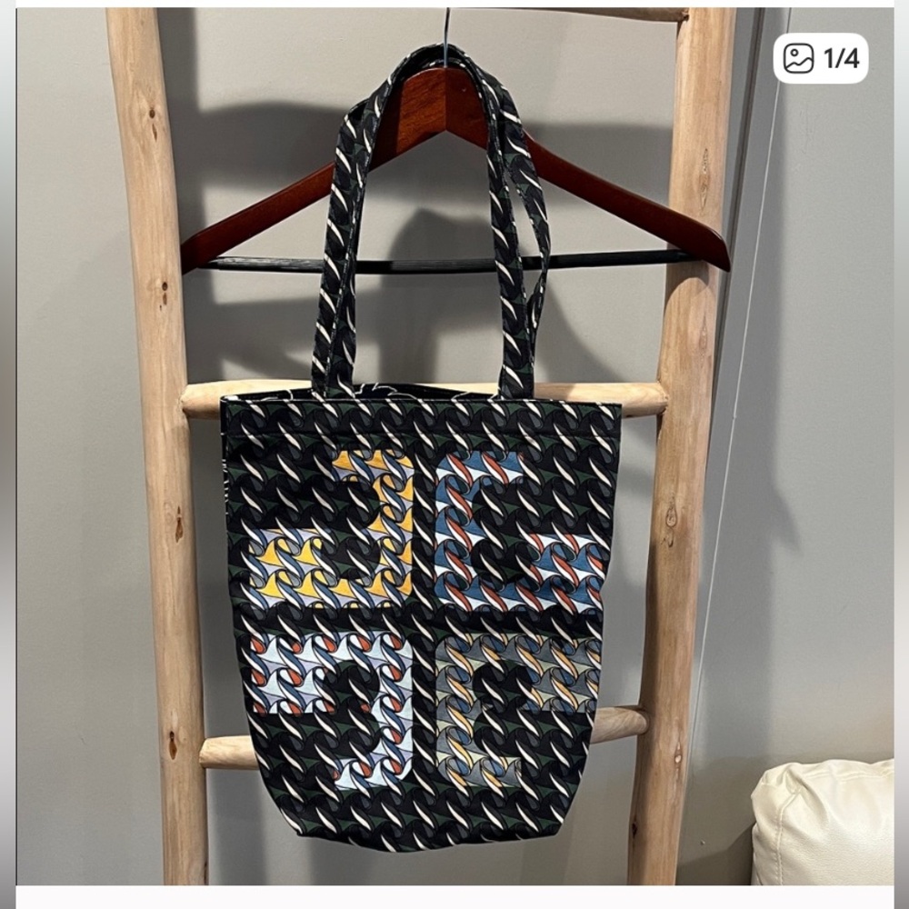 Tory Burch Black and Colorful Geometric Canvas Tote